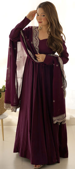 Beige and Brown color Salwar Kameez in Chanderi Silk, Roman Silk fabric with Sequence, Thread work