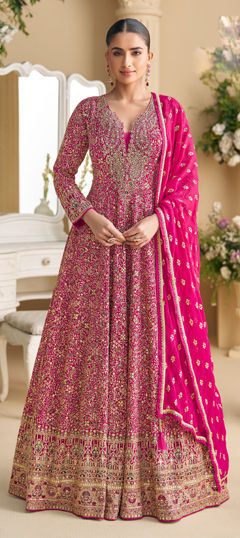 Pink and Majenta color Gown in Georgette fabric with Embroidered, Sequence, Swarovski work
