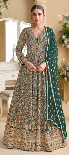 Green color Gown in Georgette fabric with Embroidered, Sequence, Swarovski work
