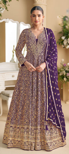 Purple and Violet color Gown in Georgette fabric with Embroidered, Sequence, Swarovski work