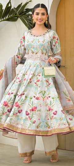 Blue color Salwar Kameez in Silk fabric with Digital Print, Foil Print work