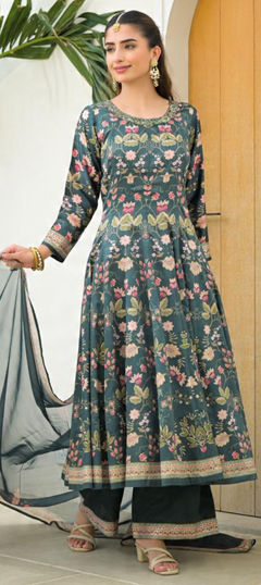 Green color Salwar Kameez in Silk fabric with Digital Print, Foil Print work