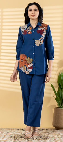 Blue color Co-ords Set in Cotton Flex fabric with Embroidered, Sequence work