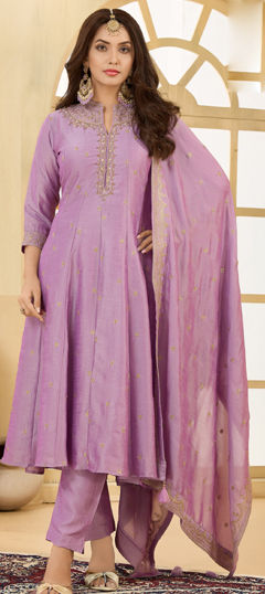 Purple and Violet color Salwar Kameez in Silk fabric with Bugle Beads, Embroidered, Sequence, Thread work