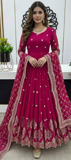 Pink and Majenta color Gown in Faux Georgette fabric with Embroidered, Thread, Zari work