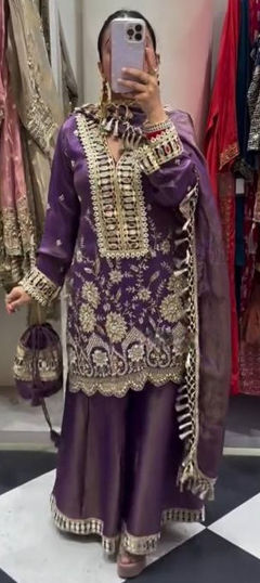Purple and Violet color Salwar Kameez in Silk fabric with Embroidered, Sequence, Thread, Zari work