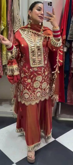 Beige and Brown color Salwar Kameez in Silk fabric with Embroidered, Sequence, Thread, Zari work