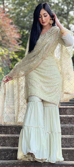 Green color Salwar Kameez in Faux Georgette fabric with Embroidered, Sequence, Thread work