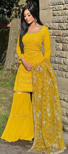 Yellow color Salwar Kameez in Faux Georgette fabric with Embroidered, Sequence, Thread work