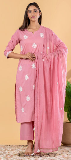 Pink and Majenta color Salwar Kameez in Cotton fabric with Embroidered, Resham, Sequence, Thread work