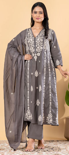 Black and Grey color Salwar Kameez in Cotton fabric with Embroidered, Lace, Resham, Thread work