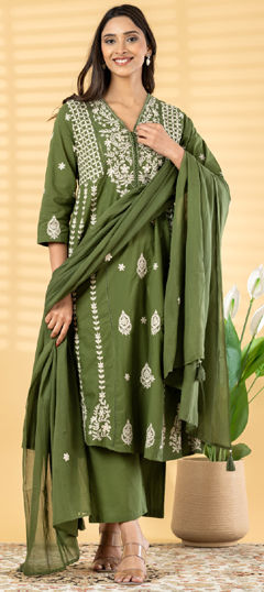 Green color Salwar Kameez in Cotton fabric with Embroidered, Lace, Resham, Thread work