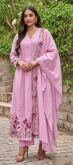 Pink and Majenta color Salwar Kameez in Chanderi Silk fabric with Embroidered, Sequence work