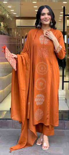 Orange color Salwar Kameez in Chanderi Silk fabric with Embroidered, Sequence work