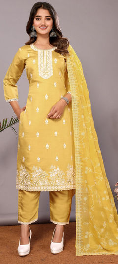 Yellow color Salwar Kameez in Chanderi Silk fabric with Embroidered work