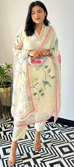 Beige and Brown color Salwar Kameez in Organza Silk fabric with Printed work