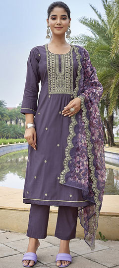 Purple and Violet color Salwar Kameez in Chanderi Silk, Viscose fabric with Embroidered work