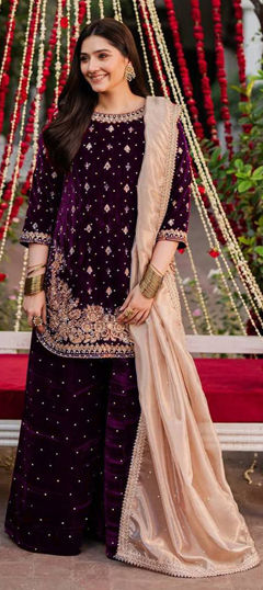 Purple and Violet color Salwar Kameez in Velvet, Viscose fabric with Moti, Sequence, Thread work