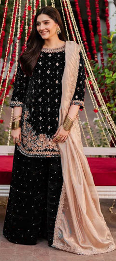 Blue color Salwar Kameez in Velvet, Viscose fabric with Moti, Sequence, Thread work