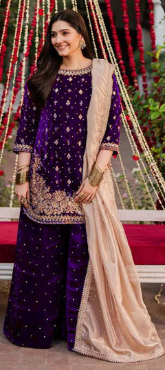 Pink and Majenta color Salwar Kameez in Velvet, Viscose fabric with Moti, Sequence, Thread work