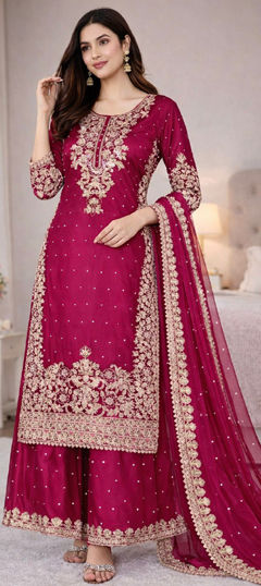 Pink and Majenta color Salwar Kameez in Silk fabric with Embroidered, Thread, Zari work