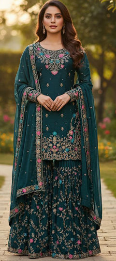 Blue color Salwar Kameez in Silk fabric with Moti, Sequence, Thread work