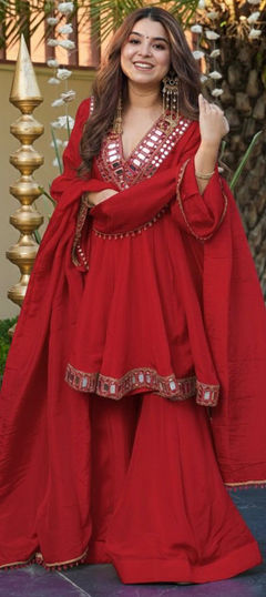 Red and Maroon color Salwar Kameez in Viscose fabric with Embroidered, Mirror work