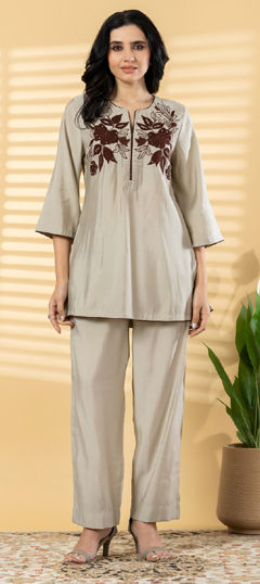Beige and Brown color Co-ords Set in Roman Silk fabric with Appliques, Embroidered, Resham, Thread work