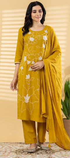 Yellow color Salwar Kameez in Cotton Slub fabric with Bugle Beads, Embroidered, Resham, Thread work