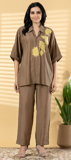 Beige and Brown color Co-ords Set in Roman Silk fabric with Appliques, Resham, Thread work