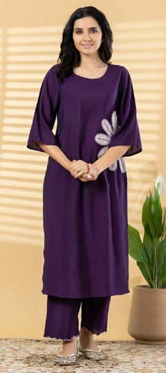 Purple and Violet color Salwar Kameez in Roman Silk fabric with Appliques, Bugle Beads, Resham, Thread work