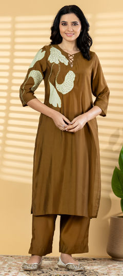 Beige and Brown color Salwar Kameez in Roman Silk fabric with Appliques, Bugle Beads, Resham, Thread work