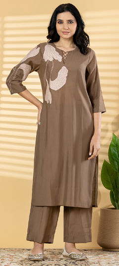 Beige and Brown color Salwar Kameez in Roman Silk fabric with Appliques, Bugle Beads, Resham, Thread work
