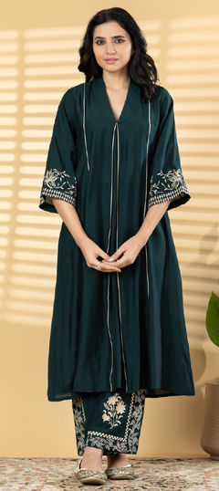 Green color Salwar Kameez in Roman fabric with Embroidered, Resham, Thread work