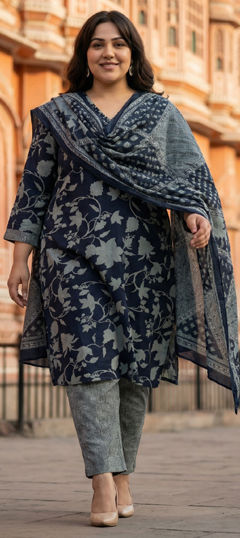 Blue color Salwar Kameez in Cotton fabric with Printed, Sequence work