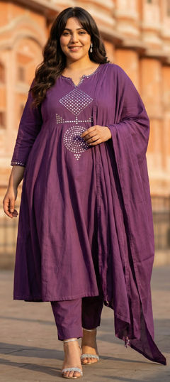 Purple and Violet color Salwar Kameez in Cotton Flex fabric with Embroidered, Mirror work