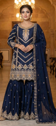 Blue color Salwar Kameez in Chinon Silk fabric with Embroidered, Sequence, Thread work