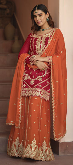 Pink and Majenta color Salwar Kameez in Chinon Silk fabric with Embroidered, Sequence, Thread, Zari work