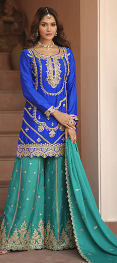 Blue color Salwar Kameez in Chinon Silk fabric with Embroidered, Sequence, Thread, Zari work