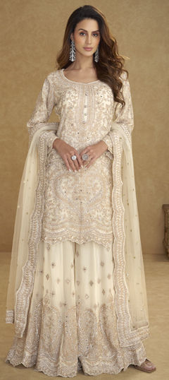 White and Off White color Salwar Kameez in Net fabric with Embroidered, Mirror, Stone work