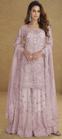Pink and Majenta color Salwar Kameez in Net fabric with Embroidered, Mirror, Stone work