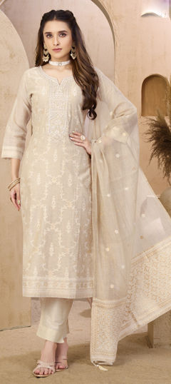 Beige and Brown color Salwar Kameez in Silk fabric with Stone, Thread work