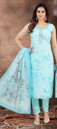 Blue color Salwar Kameez in Silk fabric with Floral, Mirror, Printed, Stone work