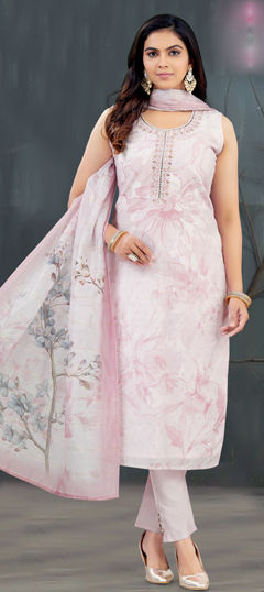 Pink and Majenta color Salwar Kameez in Silk fabric with Floral, Mirror, Printed, Stone work