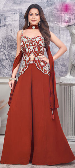 Beige and Brown color Salwar Kameez in Georgette fabric with Embroidered, Resham, Thread work