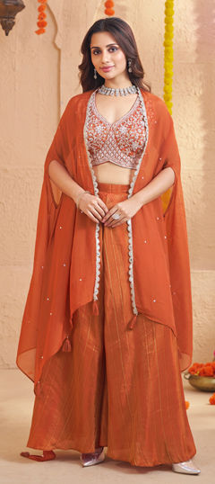 Beige and Brown color Salwar Kameez in Silk fabric with Bugle Beads, Sequence work