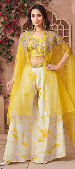 White and Off White, Yellow color Salwar Kameez in Silk fabric with Bugle Beads, Printed, Stone, Tye n Dye work