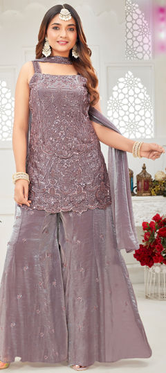 Purple and Violet color Salwar Kameez in Satin Silk fabric with Cut Dana, Sequence work