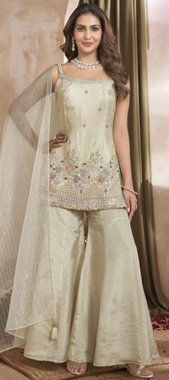 White and Off White color Salwar Kameez in Silk fabric with Cut Dana, Embroidered, Sequence, Thread work