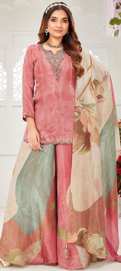 Pink and Majenta color Salwar Kameez in Silk fabric with Bugle Beads, Cut Dana, Printed, Sequence work